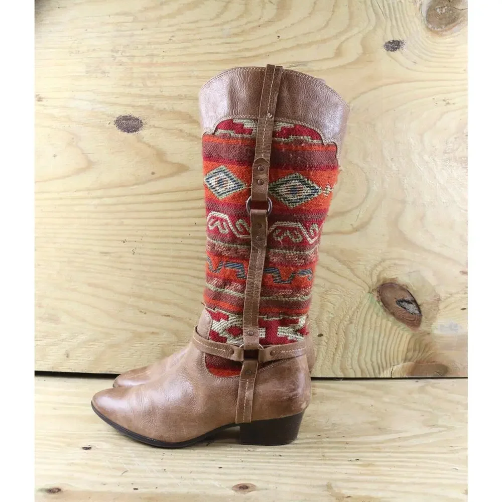 Sofft Boots Womens 11W Brown Leather Aztec Indian Blanket Porter Western Tall